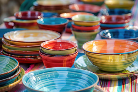 Vibrantly colored ceramic plates and bowls are stacked on a striped tablecloth, showcasing handmade tableware at an outdoor marketの素材