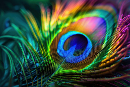 Macro photograph capturing the iridescent colors and delicate texture of a peacock featherの素材