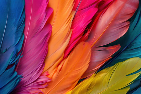 Colorful feathers are creating a bright and cheerful background with a gradient of warm colorsの素材