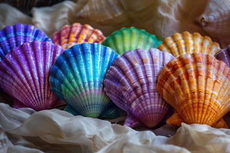 Several iridescent scallop seashells with colorful rainbow patterns are resting on white fabricの素材