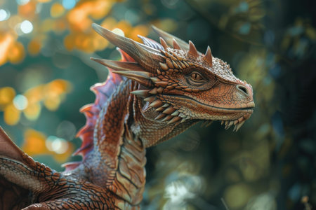 Detailed illustration of a dragons head with scales and horns in a mystical forest settingの素材