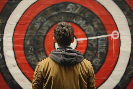 Young adult man wearing brown jacket standing in front of target painted on wallの素材