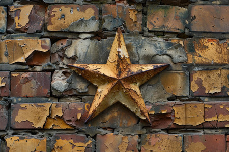 Rusty metal star is mounted on a crumbling brick wall, showing the effects of time and weatherの素材