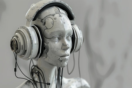 White futuristic female android listening music wearing headphonesの素材