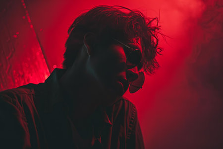 Portrait of a young man wearing sunglasses illuminated with red lightの素材