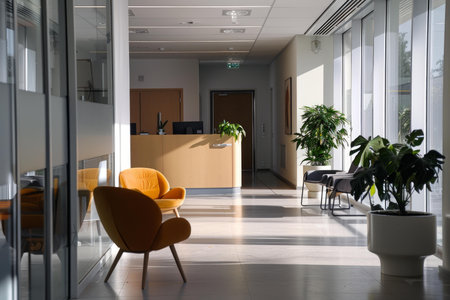 Empty modern office reception area with sunlight streaming through windowsの素材