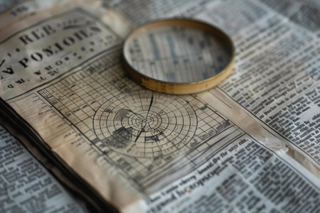 Vintage newspaper page showing statistical data with a magnifying glass on topの素材