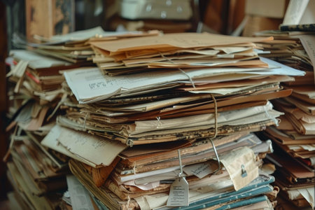 Stack of old paper documents forming a chaotic pile, illustrating the concept of bureaucracyの素材