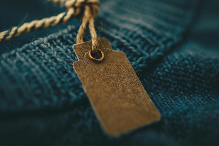 Blank cardboard label with a string is attached to a blue woolen sweaterの素材