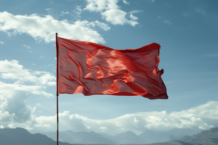 Red flag is waving in the wind, communicating a warning or signal over a mountain rangeの素材