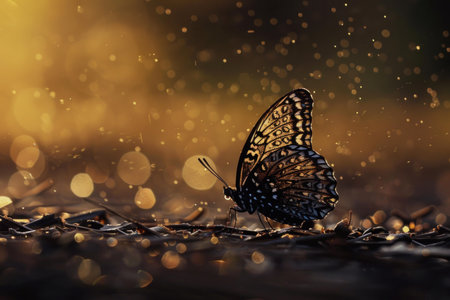 Black and white butterfly is standing on twigs, illuminated by golden light and surrounded by bokehの素材