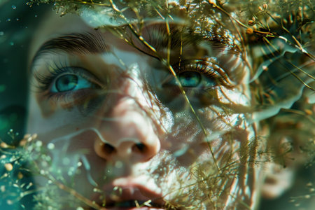 Close up of a young woman with blue eyes obscured by flowers and plants reflecting in a windowの素材