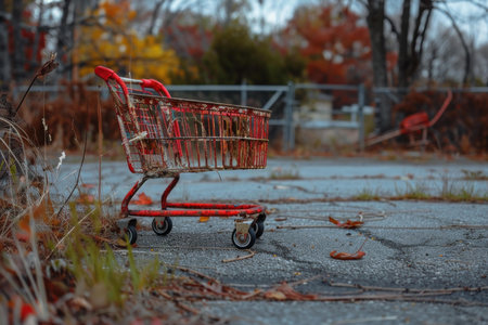 Rusty shopping cart is sitting in an abandoned parking lot, symbolizing economic declineの素材