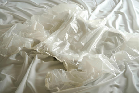 Transparent plastic raincoat is laying on a white bed sheet, looking wrinkled and usedの素材