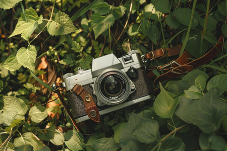 Vintage analog camera laying on a bed of lush green foliage, capturing the essence of nature and photographyの素材