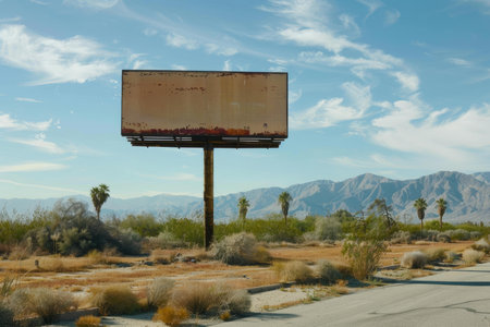Empty billboard is rusting under the desert sun with mountains in the backgroundの素材