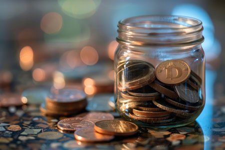 Dogecoins stacked in a glass jar showing the concept of saving moneyの素材