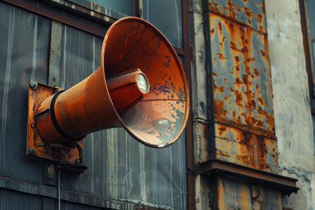Orange loudspeaker is attached to a rusty metal wall, suggesting an industrial settingの素材