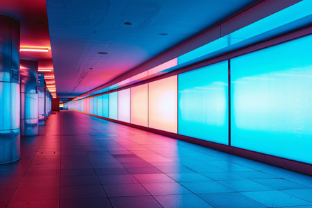 Futuristic corridor with blue and pink neon lights illuminating the walls and reflecting on the floorの素材