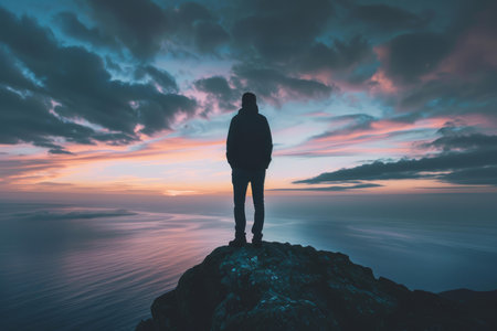 Hiker is enjoying a beautiful sunset over the sea after a long hikeの素材