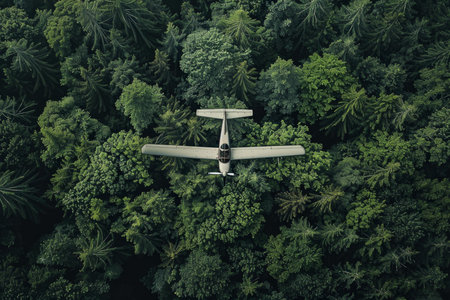 Aerial view of a small airplane flying over a lush green forestの素材