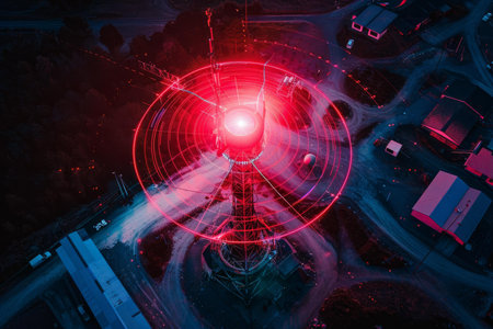 Aerial view of a telecommunication tower sending data at night with a red glowing hud interfaceの素材