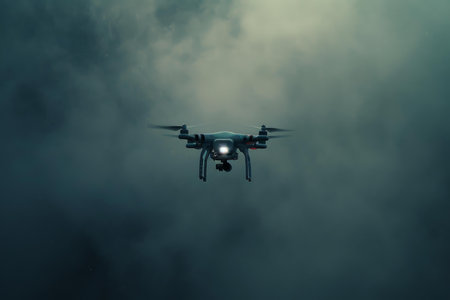 Drone flying with flashing lights against a stormy skyの素材