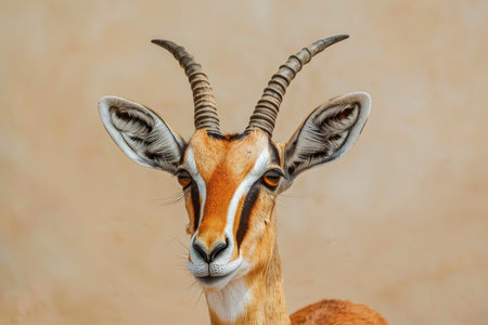 Close up portrait of a thomsons gazelle staring intently, showcasing its distinctive features and natural beautyの素材