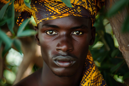 Closeup of a young african man wearing a colorful headwrap, posing with a serene look among green leavesの素材
