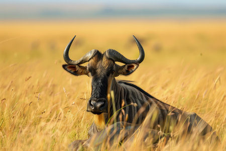 Blue wildebeest is resting in tall golden grass on the savannaの素材