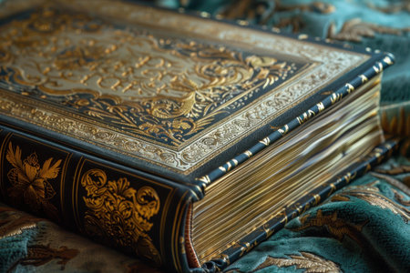 Ancient book with gold lettering is resting on green velvet fabricの素材