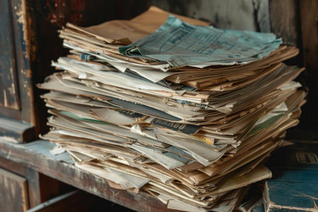Old papers and files are stacked high on a shelf, gathering dust and showing signs of ageの素材