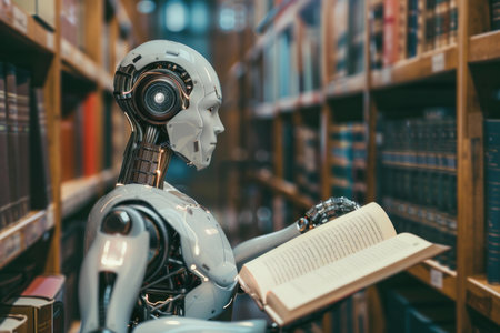 Humanoid robot is standing in a library and reading a book, surrounded by bookshelvesの素材