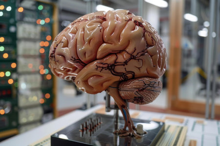 Detailed anatomical model of the human brain is displayed in a science laboratory, highlighting the intricacies of the nervous systemの素材
