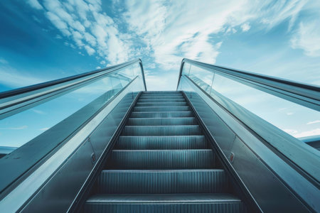Escalator going up to the sky with clouds in the backgroundの素材