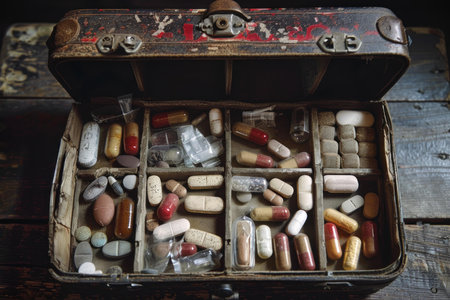 Old suitcase is open on a wooden surface, revealing many pills and medications insideの素材