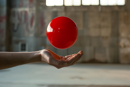 Hand is holding a perfect red sphere floating in mid air in an abandoned buildingの素材