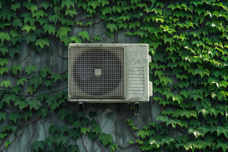 Air conditioner unit hanging on wall covered by green ivy, showing the concept of sustainable livingの素材