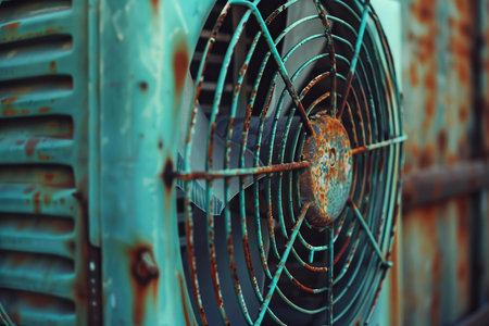 Rusty old industrial fan showing corrosion and decay, a symbol of decline in the industrial sectorの素材