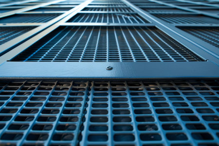 Repeating pattern of metal grates is creating an abstract industrial backgroundの素材