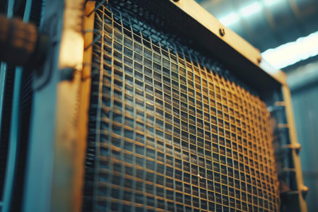 Close up of metal grid cooling system of industrial heat exchanger operating at modern factoryの素材