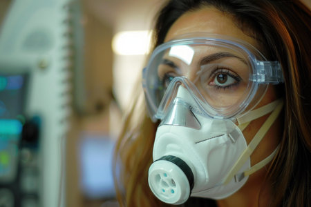 Female doctor is standing in a hospital room, wearing a respirator mask and protective glassesの素材