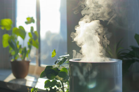 White steam coming out of a modern air humidifier standing on a windowsill near houseplantsの素材