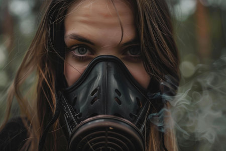 Woman with long brown hair wearing a gas mask looking at camera in a forest, with smoke in the backgroundの素材