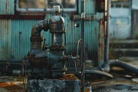 Old rusty industrial valve showing signs of corrosion is mounted on concrete blockの素材