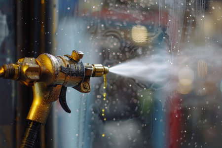 Professional window cleaner is using a high pressure water jet to clean the windows of a storefrontの素材