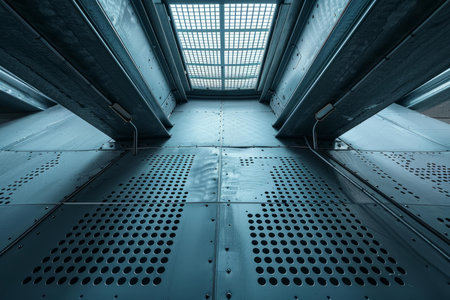 Metal grid structure with a skylight, creating a strong perspective and vanishing pointの素材