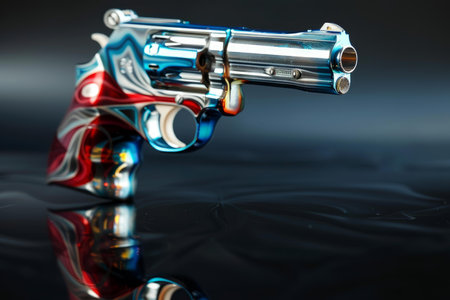 Chrome plated revolver with a custom red white and blue paint job is reflecting on a black surfaceの素材