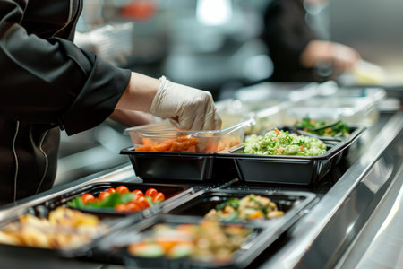 Chef is putting plastic containers with healthy precooked meals on the metal shelf of the professional kitchenの素材