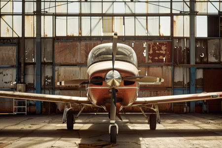 Small vintage airplane standing inside an empty hangarの素材